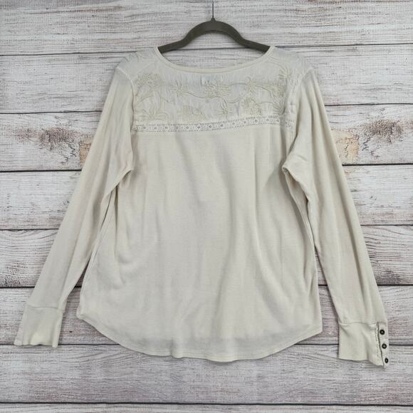 Lot of 2 Lucky Tops Womens XL Cream Brown Thermal Henley Button Down - Picture 3 of 16